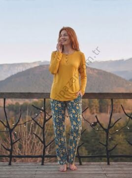 Sarı Renk Desenli Viskoz Kumaş Kadın Pijama Takım