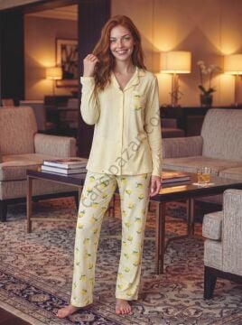 Sarı Limon Desenli Pamuk Kadın Pijama Takım