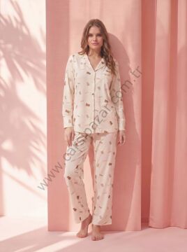 Bej Rengi Desenli Marla Kumaş Kadın Pijama Takım