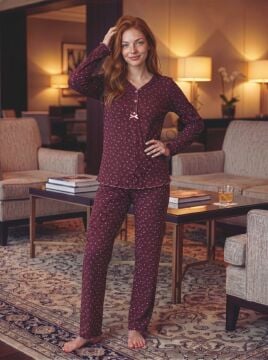 Bordo Desenli Kurdele Detay Pamuklu Kadın Pijama Takım