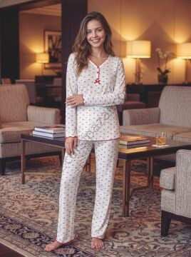 Desenli Kurdele Detay Pamuklu Kadın Pijama Takım