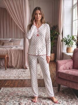 Desenli Kurdele Detay Pamuklu Kadın Pijama Takım