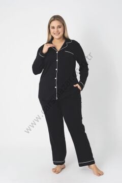 Siyah Büyük Beden Pamuk Kumaş Kadın Pijama Takım
