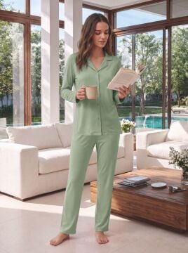 Yeşil Termal Kumaş Gömlek Yaka Kadın Pijama Takım