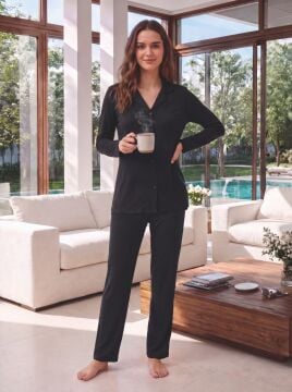 Siyah Termal Kumaş Gömlek Yaka Kadın Pijama Takım