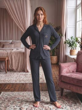 Siyah Cep Detaylı Kaşkorse Kumaş Kadın Pijama Takım