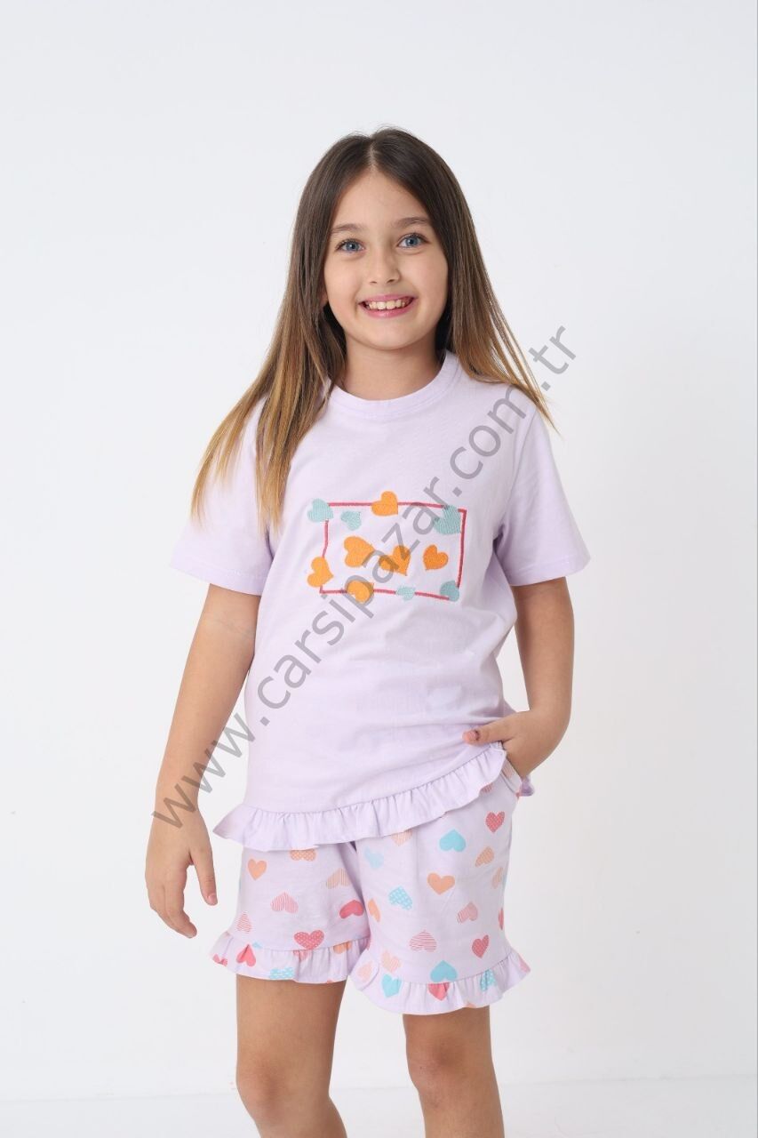 Desenli Rahat Kalıp Kız Çocuk Şortlu Pijama Takım