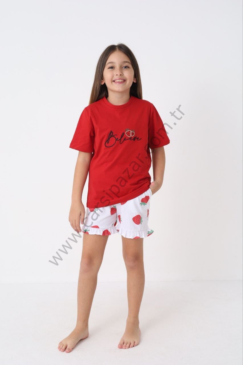 Desenli Rahat Kalıp Kız Çocuk Şortlu Pijama Takım