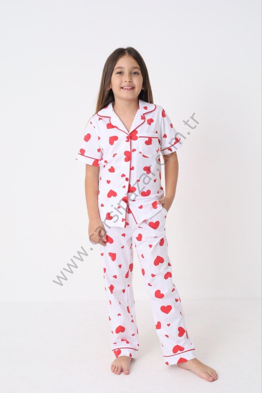Kalp Desenli Rahat Kesim Kız Çocuk Düğmeli Pijama Takım