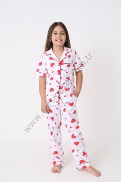 Kalp Desenli Rahat Kesim Kız Çocuk Düğmeli Pijama Takım