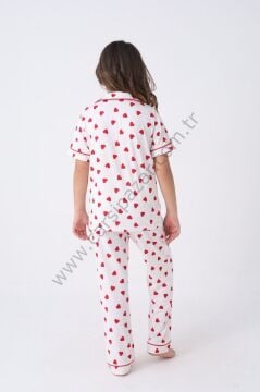 Kalp Desenli Rahat Kesim Kız Çocuk Düğmeli Pijama Takım