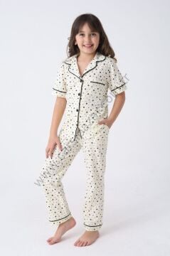 Kalp Desenli Rahat Kesim Kız Çocuk Düğmeli Pijama Takım