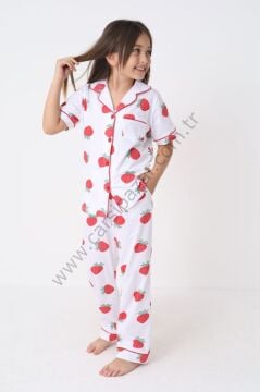 Kalp Desenli Rahat Kesim Kız Çocuk Düğmeli Pijama Takım