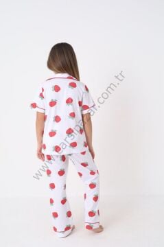 Kalp Desenli Rahat Kesim Kız Çocuk Düğmeli Pijama Takım
