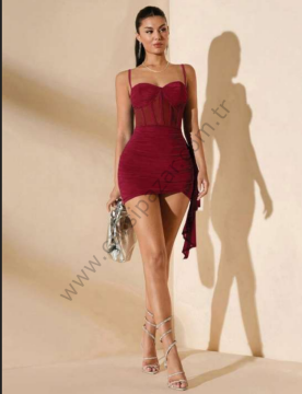 Bordo Korse Görünümlü Şık Mini Gece Elbise