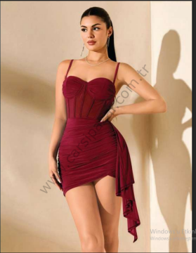 Bordo Korse Görünümlü Şık Mini Gece Elbise