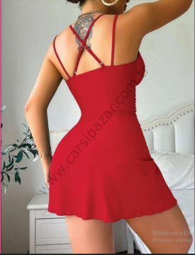 Kırmızı Çift Askı Detay Şık Gece Elbise