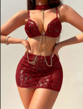 Bordo Boyunluklu Zincir Detaylı Fantazi Takım Bordo