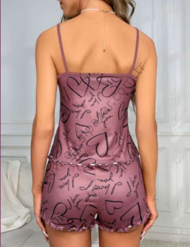 Kalp Desenli Örme Şortlu Pijama Takım