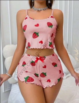 Çilek Desenli Örme Şortlu Pijama Takım