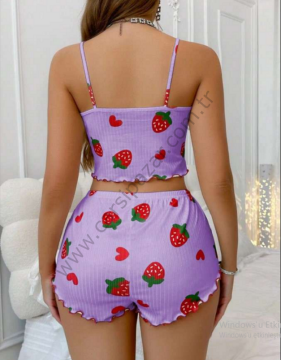 Çilek Desenli Örme Şortlu Pijama Takım