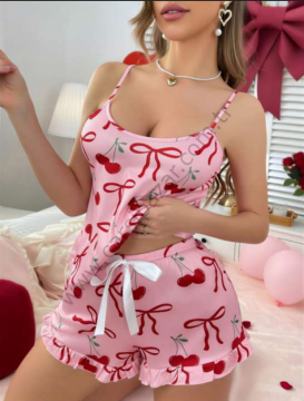 Pembe Kiraz Desenli Şortlu Pijama Takım