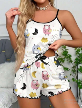 Beyaz Renk Koyun Desenli Şortlu Pijama Takım