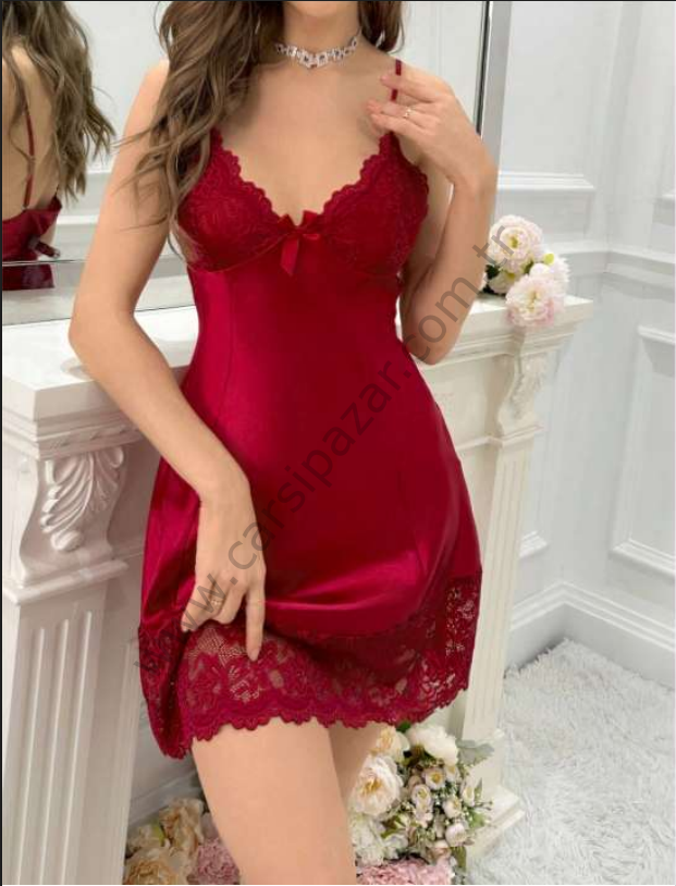 Bordo Renk Dantel Detaylı Saten Mini Gecelik