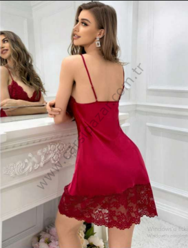 Bordo Renk Dantel Detaylı Saten Mini Gecelik