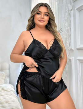 Siyah Büyük Beden Saten Şortlu Pijama Takım