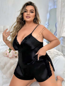 Siyah Büyük Beden Saten Şortlu Pijama Takım