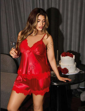 Kırmızı Büyük Beden Kurdele Detaylı Şortlu Pijama Takım