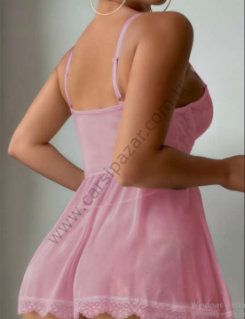 Pembe Korse Görünümlü Kadın Tül Gecelik Külot Takım