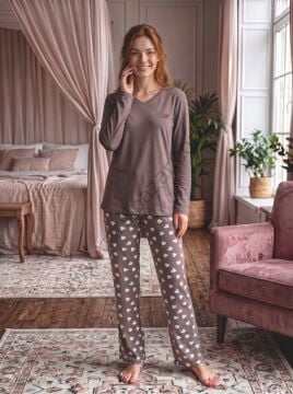 Vizon Kalp Desenli Pamuklu Kadın Pijama Takım