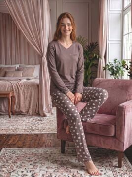 Vizon Kalp Desenli Pamuklu Kadın Pijama Takım