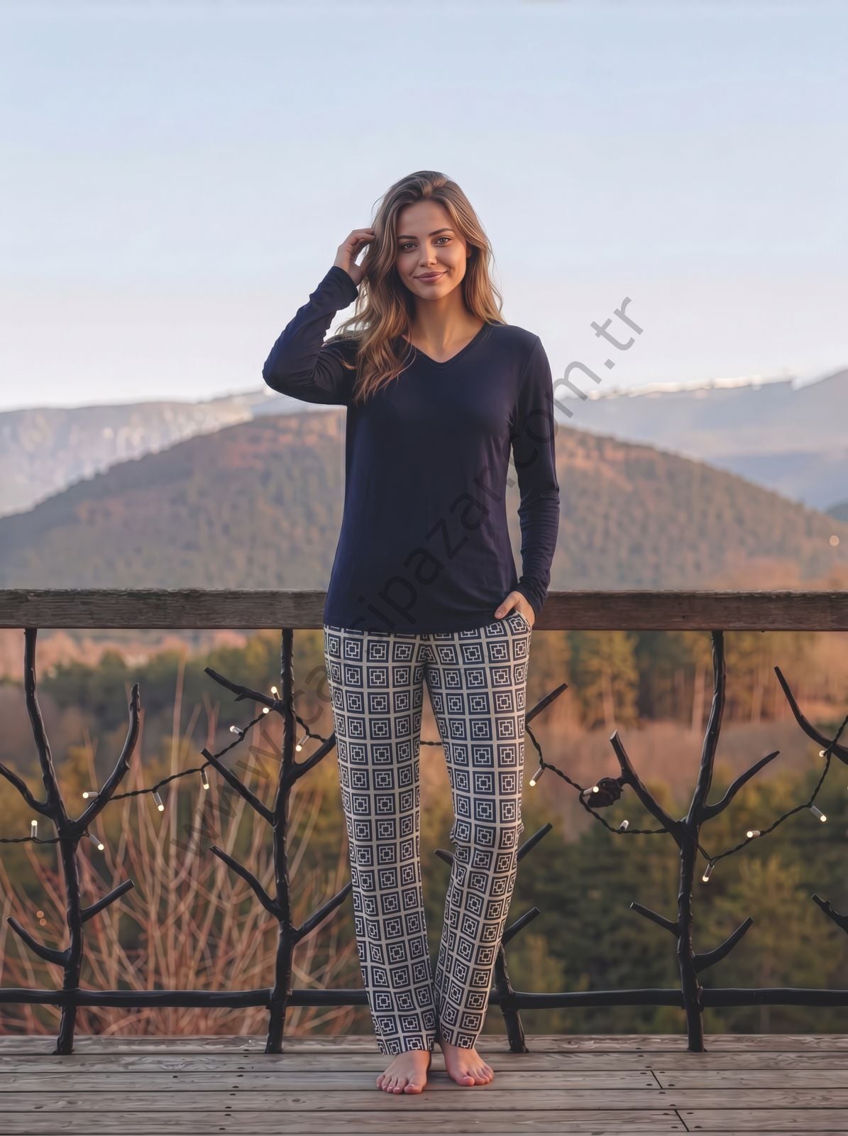 Lacivert Renk Desenli Kadın Pijama Takım