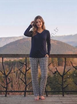 Lacivert Renk Desenli Kadın Pijama Takım