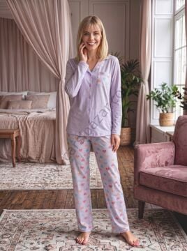 Kadın Kalp Desenli Pijama Takımı Uzun Kollu Düğmeli Rahat Ev Giyim Seti