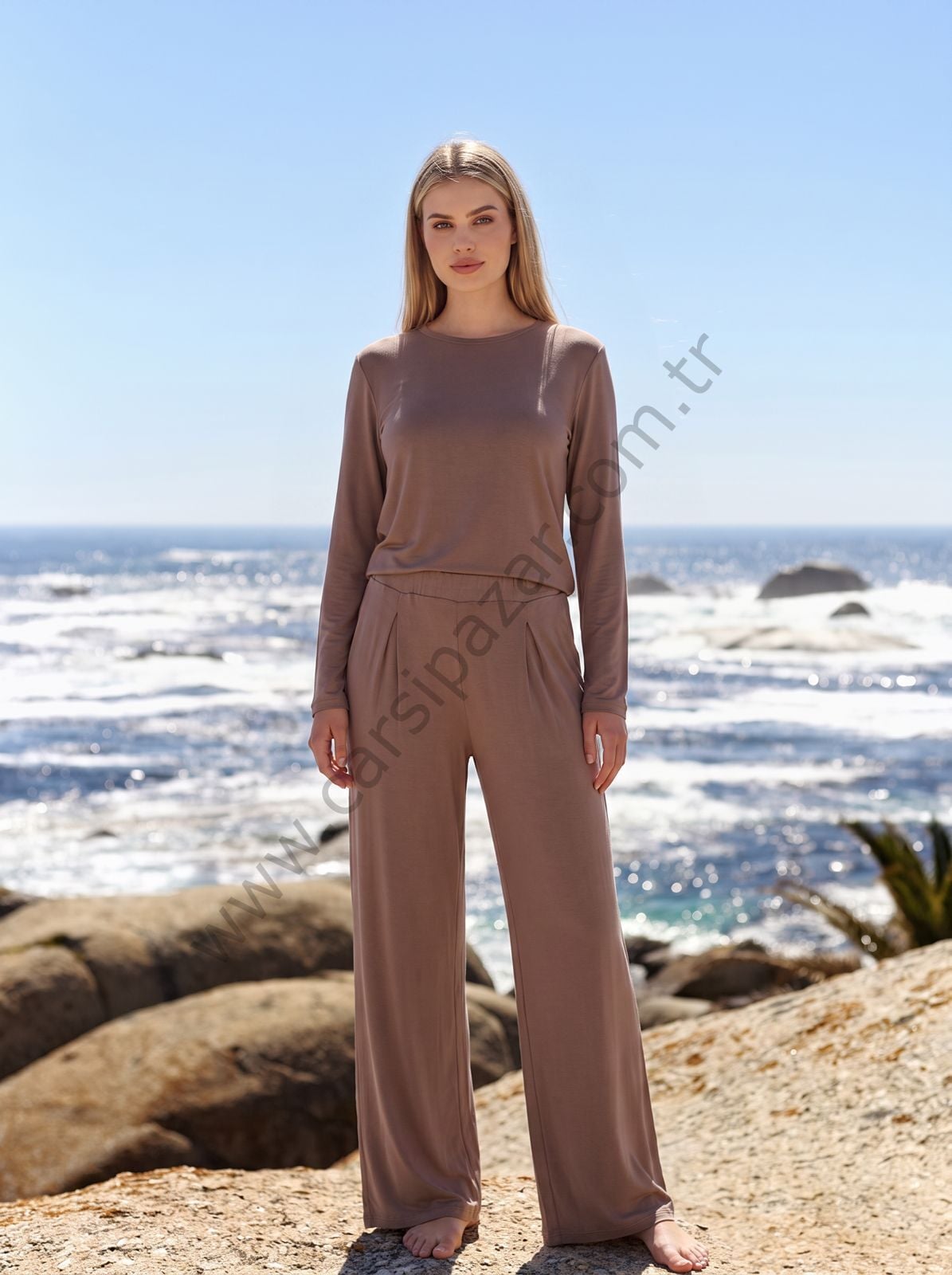 Kahverengi Viskoz Kumaş Kadın Pijama Takım