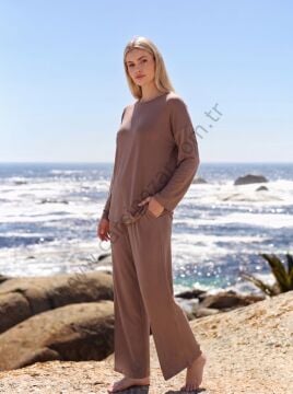 Kahverengi Viskoz Kumaş Kadın Pijama Takım