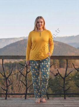 Sarı Büyük Beden Desenli Viskoz Kadın Pijama Takım