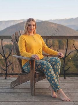 Sarı Büyük Beden Desenli Viskoz Kadın Pijama Takım