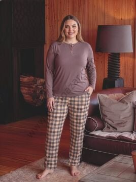 Vizon Büyük Beden Desenli Viskoz Kadın Pijama Takım