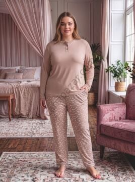 Bej Büyük Beden Desenli Viskoz Kadın Pijama Takım