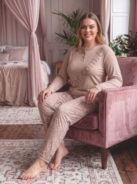 Bej Büyük Beden Desenli Viskoz Kadın Pijama Takım