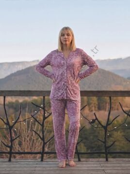 Pembe Desenli Düğme Detaylı Kadın Pijama Takım