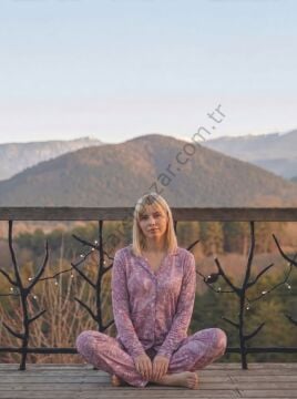 Pembe Desenli Düğme Detaylı Kadın Pijama Takım