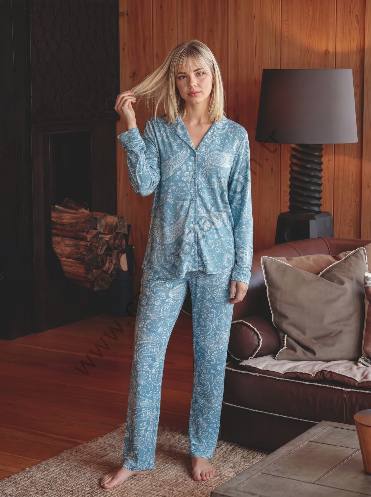 Mavi Desenli Düğme Detaylı Kadın Pijama Takım
