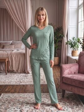 Yeşil Cep Detaylı Jakarlı Kadın Pijama Takım